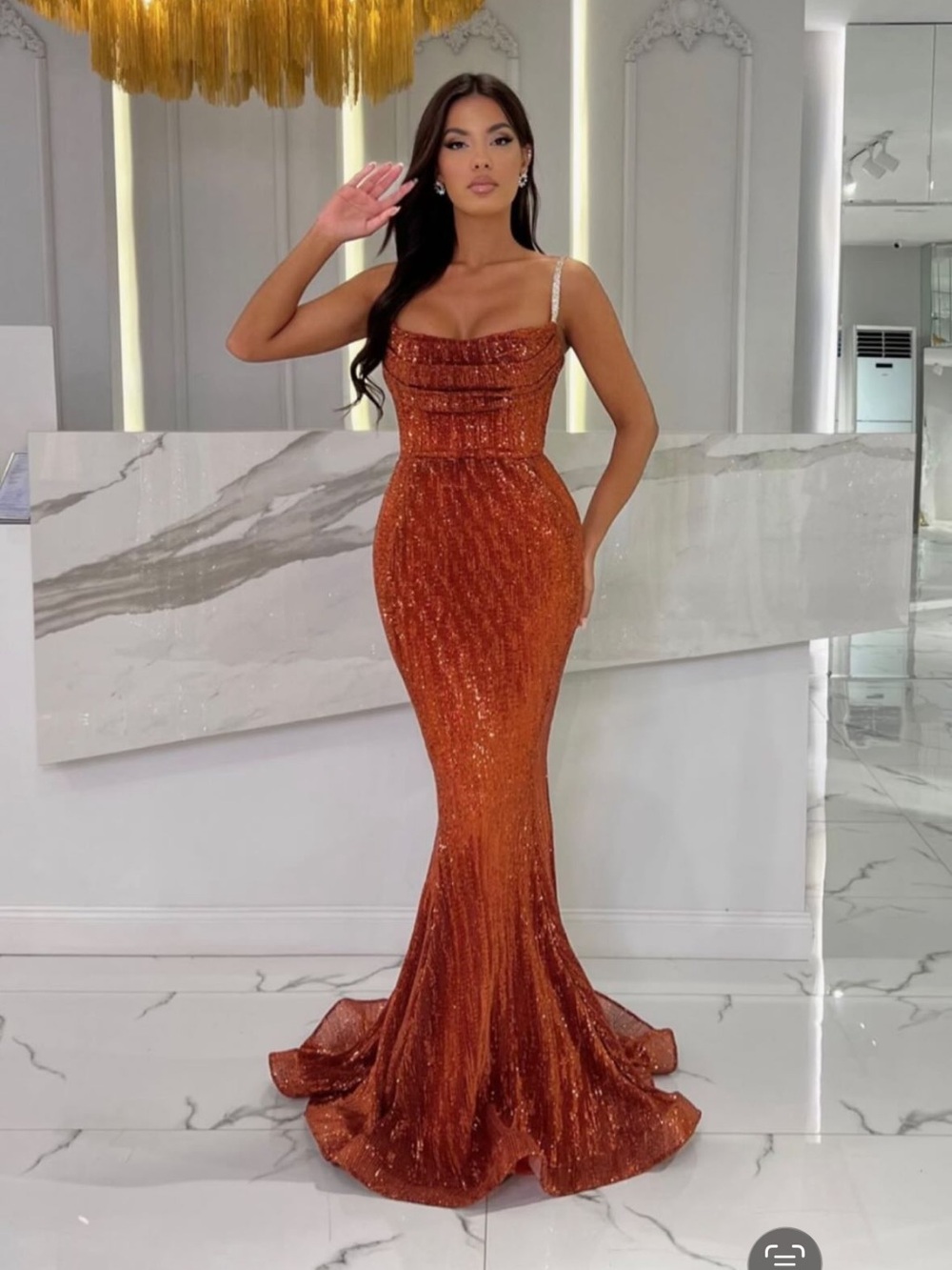 Copper Sequin Mermaid Prom Dress with Embellished Straps